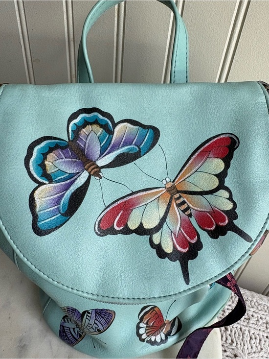Anuschka Hand-Painted Genuine Leather Bucket Backpack Purse Blue Butterfly Bag main image 8